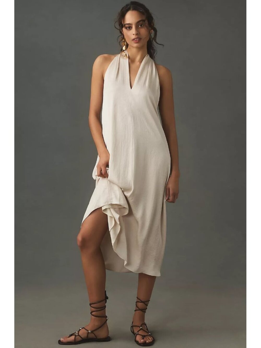 By Anthropologie Halter Silky Midi Dress Champagne XS Minimalist Wedding Guest